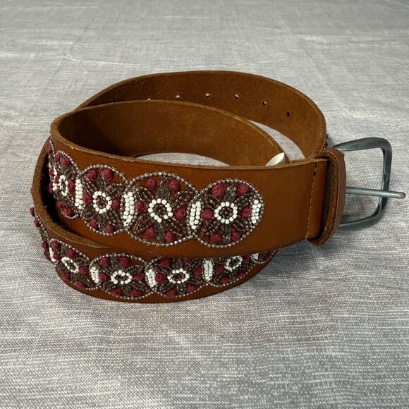 Lucky Brand Brown Leather Beaded Belt Silver-Tone Buckle & Floral Design Size S - Picture 2 of 16